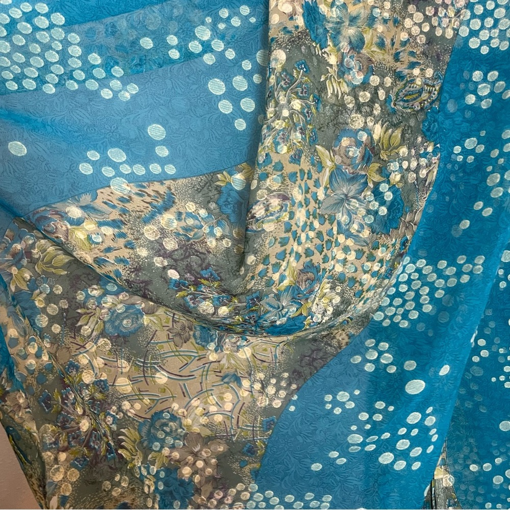 Long Floral Scarf‎ Dots Blue Textured Floaty Women 41x88 Art-to-Wear Boho Roses - Picture 4 of 8